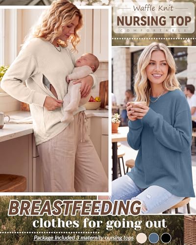 Oakgarden 3 Pack Women's Oversized Nursing Tops - color: Cream White, Haze Blue, Black, size: Medium