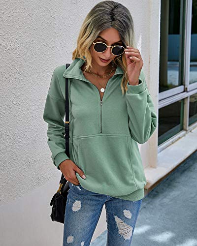 PRETTYGARDEN Women's Casual Long Sleeve Sweatshirt Half Zip Pullover Tops - color: Green, size: Large