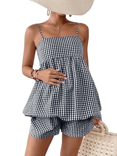 SweatyRocks Women Maternity 2 Piece Outfits Gingham Cami Top Shorts Sets - color: Dark Blue and White, size: X-Large