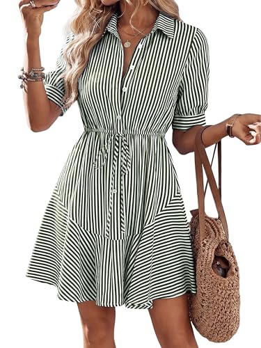 MASCOMODA Womens Striped Mini Summer Dress Button Work Dresses - color: Striped Green, size: Large