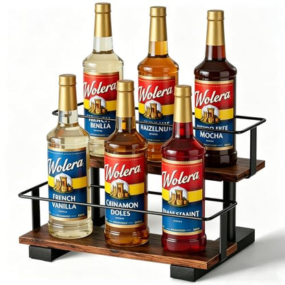 2-Tier Coffee Syrup Rack with Wooden Shelves, Holds 6 Bottles - size: 6-bottle