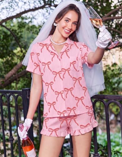 Ekouaer Women's Pajamas Sets Button Down Pjs Short Sleeve Ruffle Sleepwear - color: Bow 2, size: Medium