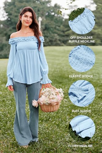 OUGES Womens Cotton Blend Off The Shoulder Maternity Tops Smocked Ruffle Sleeve Blouse Going Out Pregnancy Shirts 2025 - color: Light Blue, size: Small