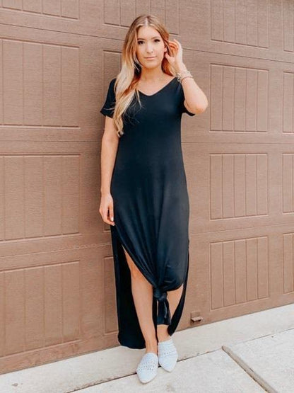GRECERELLE Women's Summer Maxi Dress Casual Loose V Neck Short Sleeve Side Split Long Dresses with Functional Pockets - color: Black, size: XX-Large