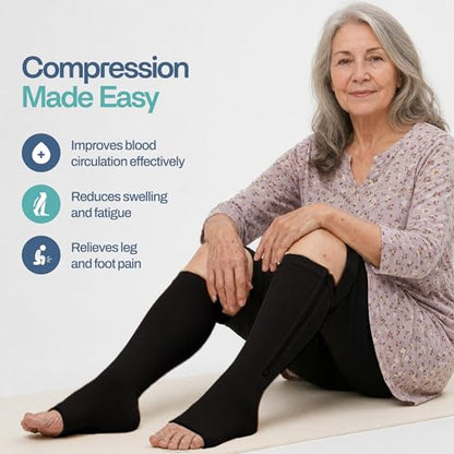 Open Toe Zipper 20-30mmHg Graduated Compression Socks for Men Women Stocking - color: Black, size: XX-Large