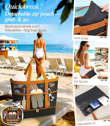 2-in-1 Mesh Beach Bag with Cooler for Women, Extra Large Beach Tote with Zipper, 11 Pockets, Adjustable Shoulder Strap - color: Black and Brown