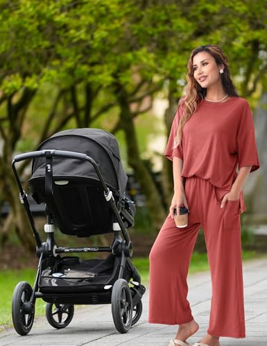 Maternity Lounge Set, 2 Piece Matching Set with Wide Leg Pants - color: Brick Red, size: Large