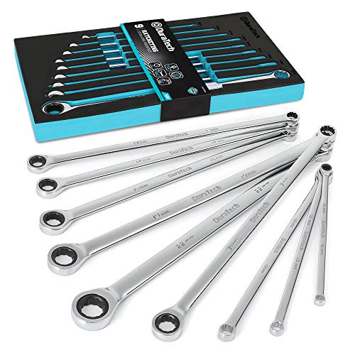 DURATECH Extra Long Ratcheting Wrench Set, Double Box End, Metric, 9-Piece - color: Chrome-plated, size: 9-Piece Set