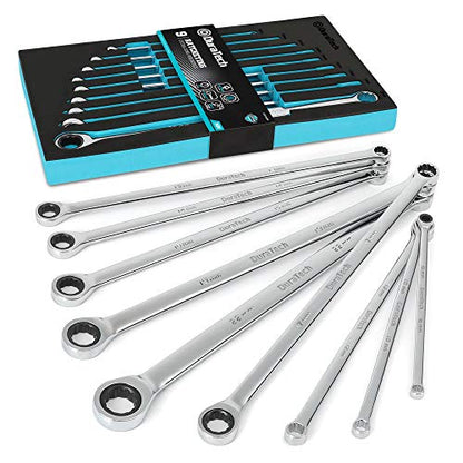 DURATECH Extra Long Ratcheting Wrench Set, Double Box End, Metric, 9-Piece - color: Chrome-plated, size: 9-Piece Set