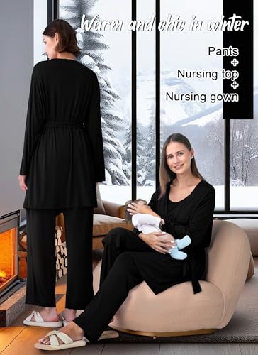 Rnxrbb 4PCS Year-Round Nursing Pajamas Robe Set Postpartum Breastfeeding Pj - color: Black, size: Medium