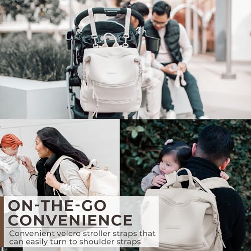 BUNSO Baby Neoprene Minimalist Backpack Diaper Bag with Pouch, Changing Pad, and Stroller Straps, Water Resistant and Lightweight, Cream - color: Cream
