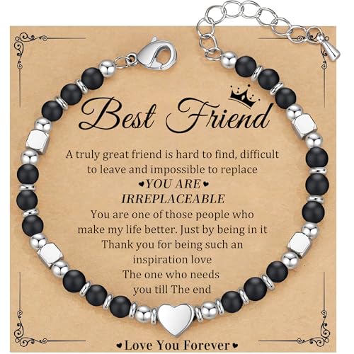 Christmas Gift for Women, Beaded Bracelets for Women Teen Girl Gifts Stocking Stuffers for Her Adjustable Nature Stone Bead Bracelet with Heart Birthday Jewelry Grandma Daughter Granddaughter Mom - color: Black Onyx- Best Friend