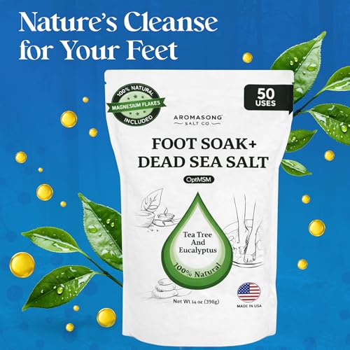 Aromasong Tea Tree Foot Soak with Magnesium Flakes & Dead Sea Salt, Natural Tea Tree Oil & Eucalyptus Scent, Foot Soaking Salts for Relaxation, Odor Control & Soft Skin, Packaging May Vary
