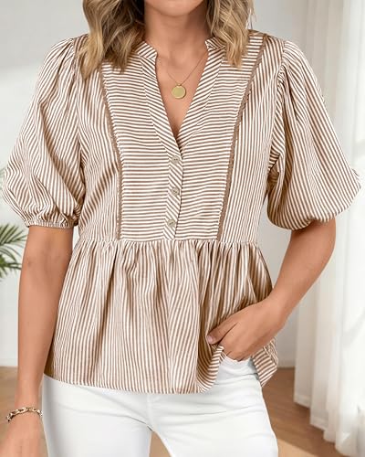 dowerme Women Lantern Sleeve Button Up Stripes Babydoll Tops - color: Brown, size: Medium