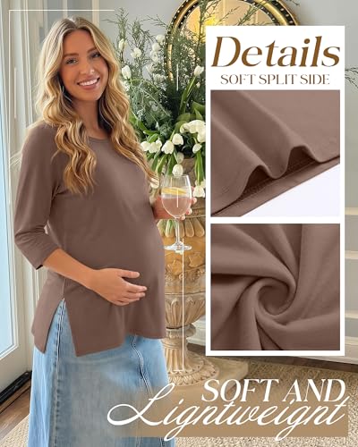 3 Pack Women's 3/4 Sleeve Maternity Loose Crewneck Tops - color: Coffee, Red, Beige, size: Medium