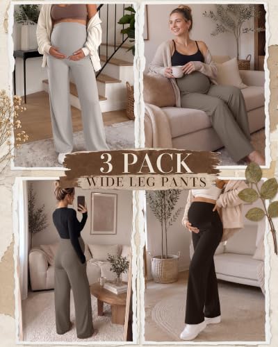 3 Pack Women's Maternity Yoga Pants with Pockets - color: Brown, Light Coffee, Cream, size: X-Large