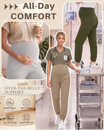 Locoowai 3 Pack Women's Maternity Jogger Scrub Pants with Pocket - color: Gray, Army Green, Khaki, size: Small