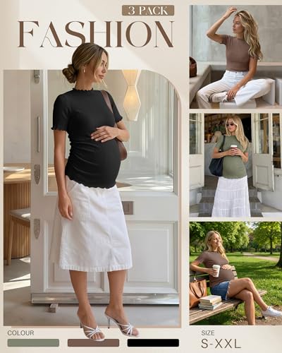 3 Pack Women's Ribbed Maternity Tops - color: Gray Green, Coffee, Black, size: Small