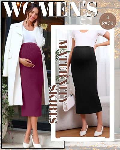 Neer 3 Pack Women's Ribbed Knit Maternity Skirts - color: Fuchsia, Navy Blue, Black, size: Medium