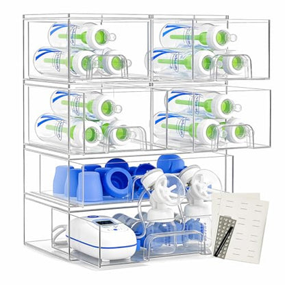 6-Pack Stackable Storage Drawers with Labels - Clear PET Pull-Out Organizer Bins for Pantry, Bathroom, Vanity, Cabinet, Countertop | Baby Bottle Organizer