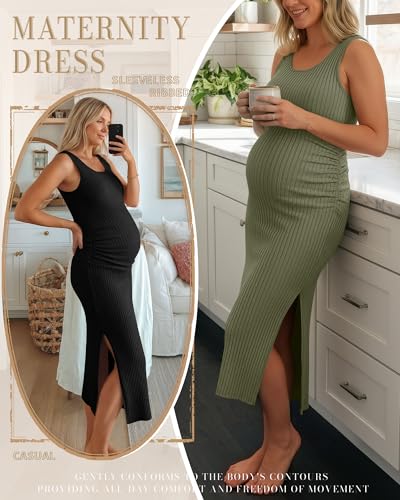 2 Pack Womens Split Long Maternity Dress - color: Army Green, Black, size: XX-Large