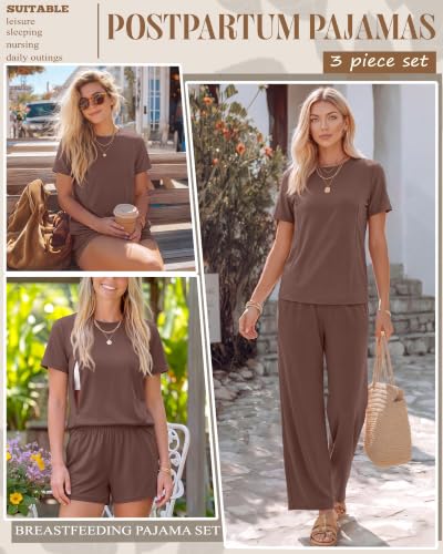 3 Piece Postpartum Nursing Pajamas Set Nursing Lounge Set - color: Coffee, size: Small