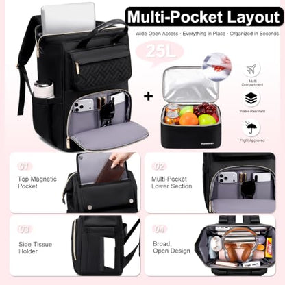 Lunch Backpack For Women, 15.6 Inch Laptop Backpack with Lunchbox - color: Black
