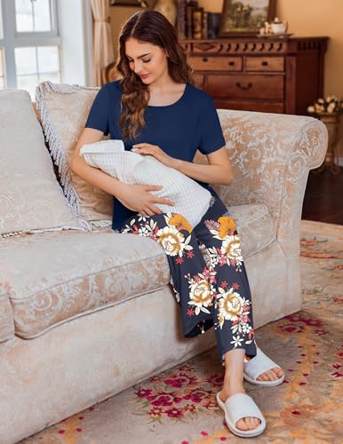 Ekouaer 3 PCS Maternity Nursing Pajamas Set Postpartum Breastfeeding PJS - color: Green Print, size: Medium