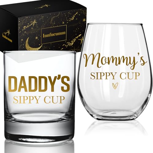 Daddy's Sippy Cup Whiskey Glass & Mommy's Sippy Cup Wine Glass - color: Golden