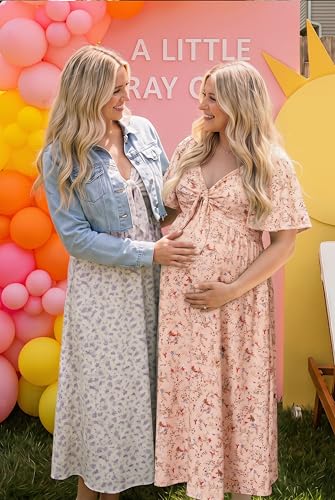 OUGES Women's V Neck Maternity Dress Baby Shower Midi Dresses with Pockets - color: Pink Floral, size: Large