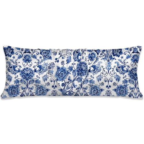 Blue and White Body Pillow Cover,Chinoiserie Floral Body Pillow with Satin Pillowcase,Cool and Breathable Pillow Case Long Pillow Cover with Zipper Closure 20x54 inch - color: Blue Floral