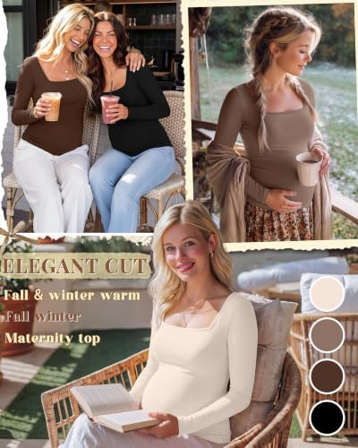 4 Pcs Womens Maternity Long Sleeve Square Neck Shirts - color: Beige, Coffee, Brown, Black, size: X-Large