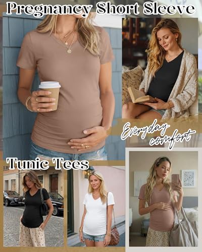 Ficerd 3 Pack Women's Maternity Shirts V Neck Coton Blend Pregnancy Tops Short Sleeve Side Ruched Summer Mama Clothes - color: Black, White, Khaki, size: Large