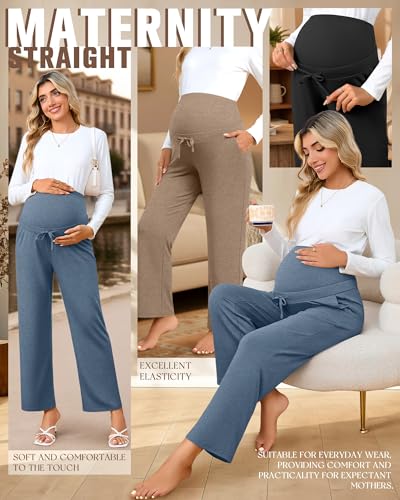 Oakgarden 3 Pack Women's Maternity Pants Over Belly - color: Black, Mocha, Haze Blue, size: Medium