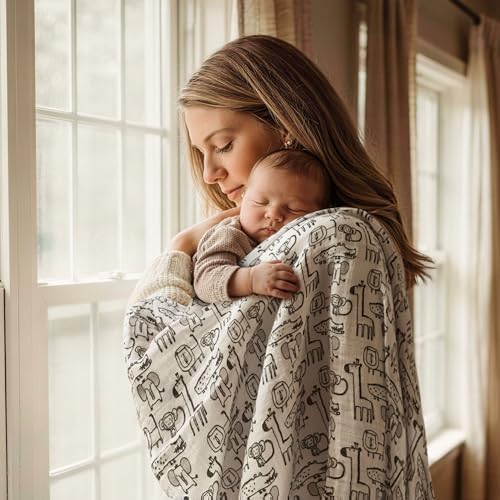 Muslin Swaddle Blankets for Newborn, Cotton Receiving Blanket - color: Grey Animals