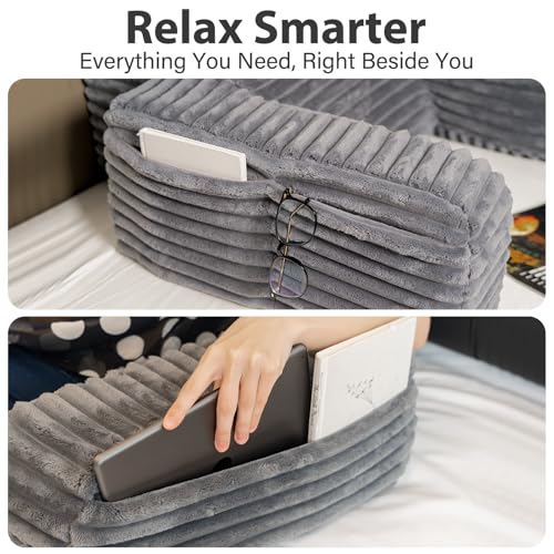 ENITYA 19" Large Back Pillow for Bed Sitting Up with Armrests & Big Pockets - color: Dark Grey, size: L(Under 5'3")
