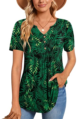 CATHY Womens Short Sleeve Tunic Tops Henley Shirt V Neck Button Up Blouse Casual Pleated Basic Pullover - color: Green Leaf-black, size: 3X-Large