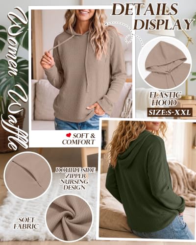 Ficerd 2 Pack Women's Nursing Waffle Hoodies Breastfeeding Tops - color: Coffee, Army Green, size: Small