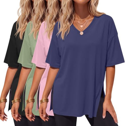 4 Pack Women's Oversized V Neck Shirts - color: Black, Green, Light Pink, Dark Blue, size: XX-Large
