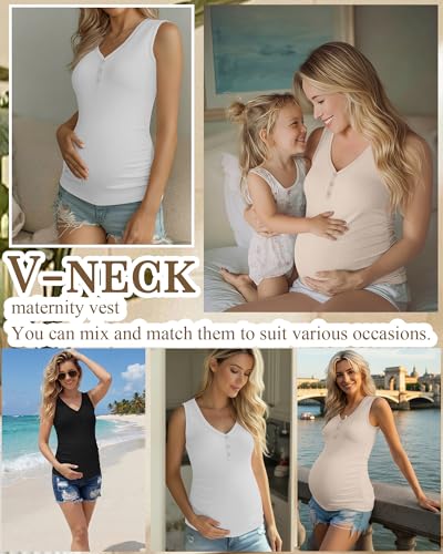 3 Pack Women Maternity Henley Tank Tops - color: Black, White, Apricot, size: Medium