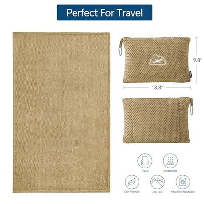 BEDELITE Travel Blanket with Bag, Jacquard Fleece Blanket 65"x40", Camel - color: Camel