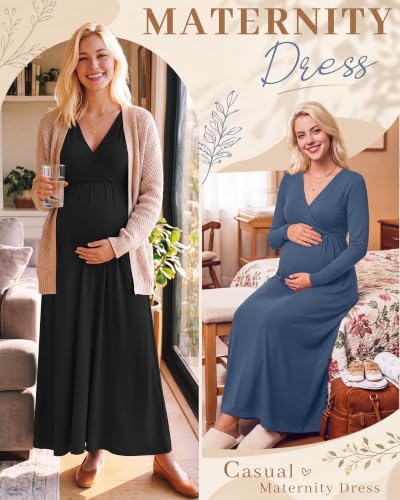Neer 2 Pcs Maternity Maxi Dresses Long Sleeve Fall Nursing Dress - color: Haze Blue, Black, size: Large