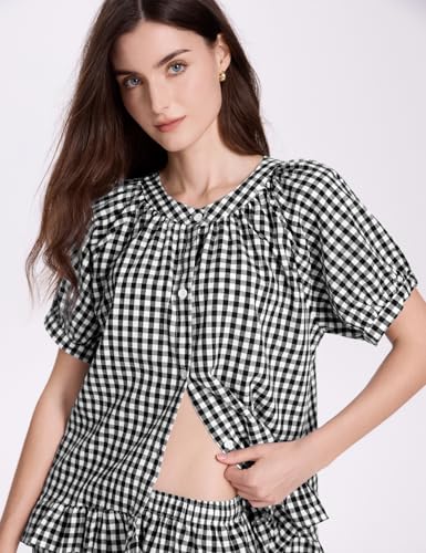 COZYPOIN 100% Cotton Pajamas for Women Set Cute Gingham Lounge Set - color: Black, size: Small