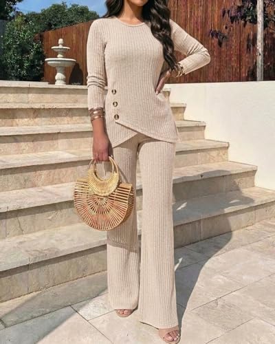 CHICME Womens 2 Piece Lounge Set Button Down Top Wide Leg Pants - color: A-apricot, size: Large