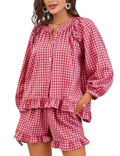 Flygo Womens Gingham 2 Piece Pajama Sets Y2K Cotton Ruffle Short Sets - color: Wine, size: Medium