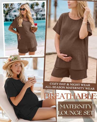 Riyiper 4 Pcs 100% Cotton Maternity Pajamas Sets - color: Light Brown, Black, size: Small