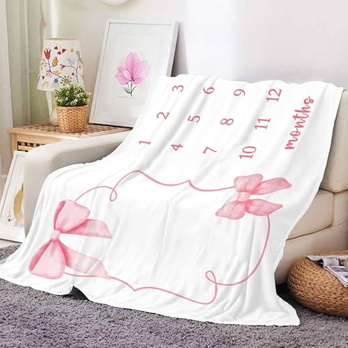 Pink Bow Milestone Blanket, Girl Bowknot Baby Growth Chart Monthly Blanket - color: Bow