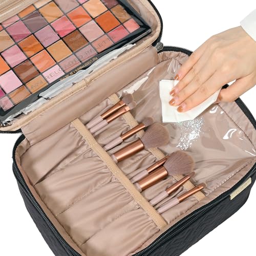 NISHEL Large Makeup Bag Organizer, Double Layer Cosmetic Travel Case - color: Black, size: Large