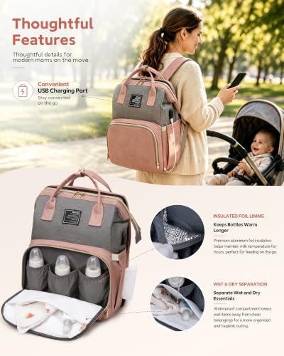 houscly Diaper Bag Backpack with Changing Station, 25L Large Capacity - color: Peach Pink
