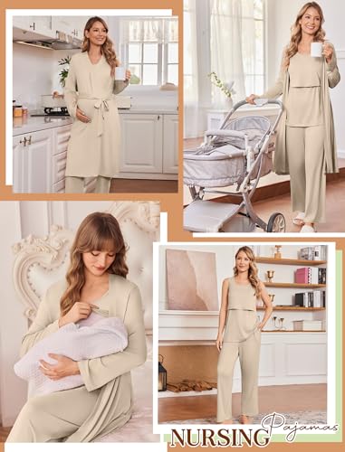 Maternity Sets Labor and Delivery Gown Postpartum Essentials Nursing Pajama - color: Champagne, size: X-Large